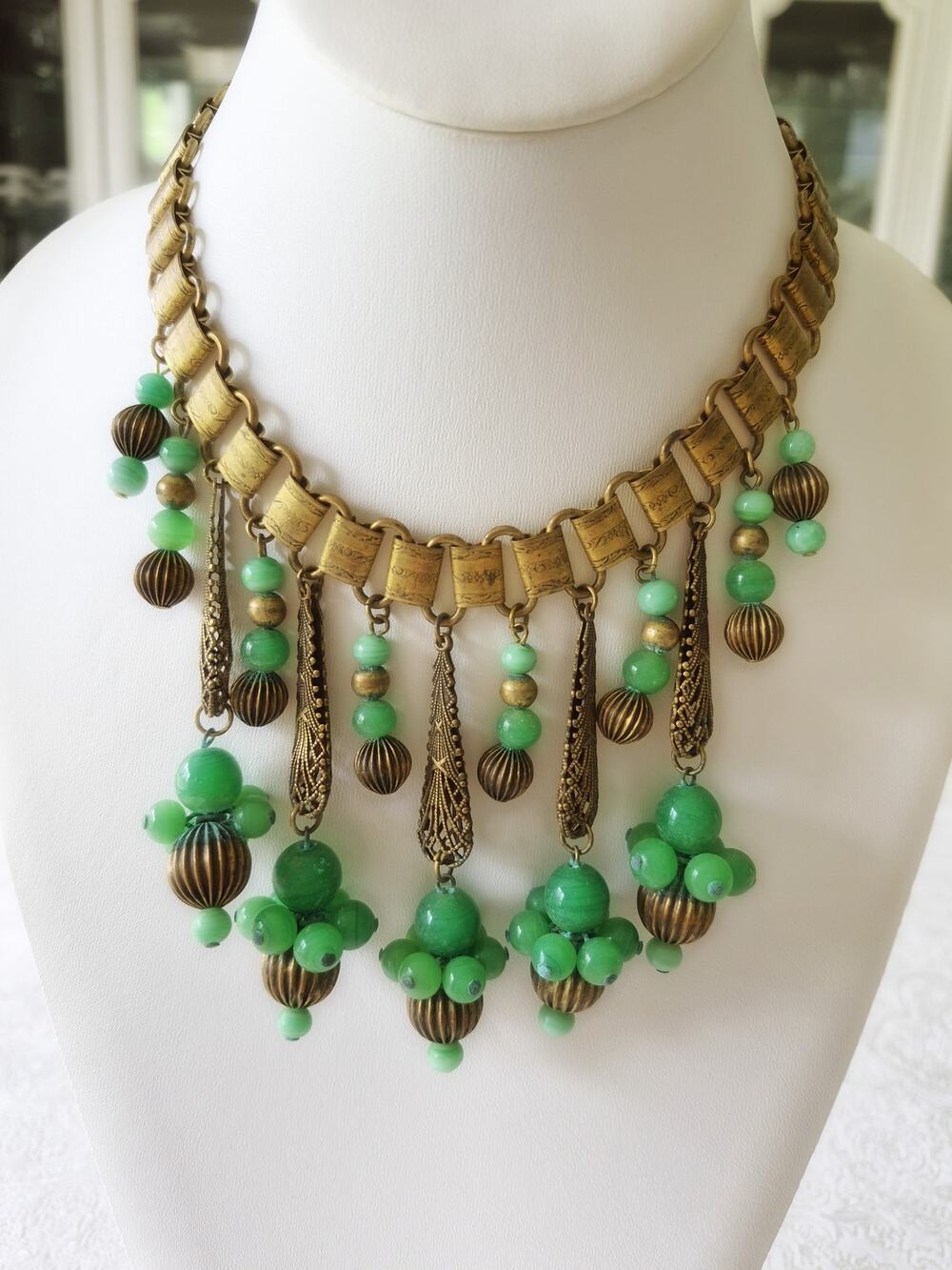 Antique Vintage Art Deco Book Chain Czech Glass Filigree Dangle Collar Necklace